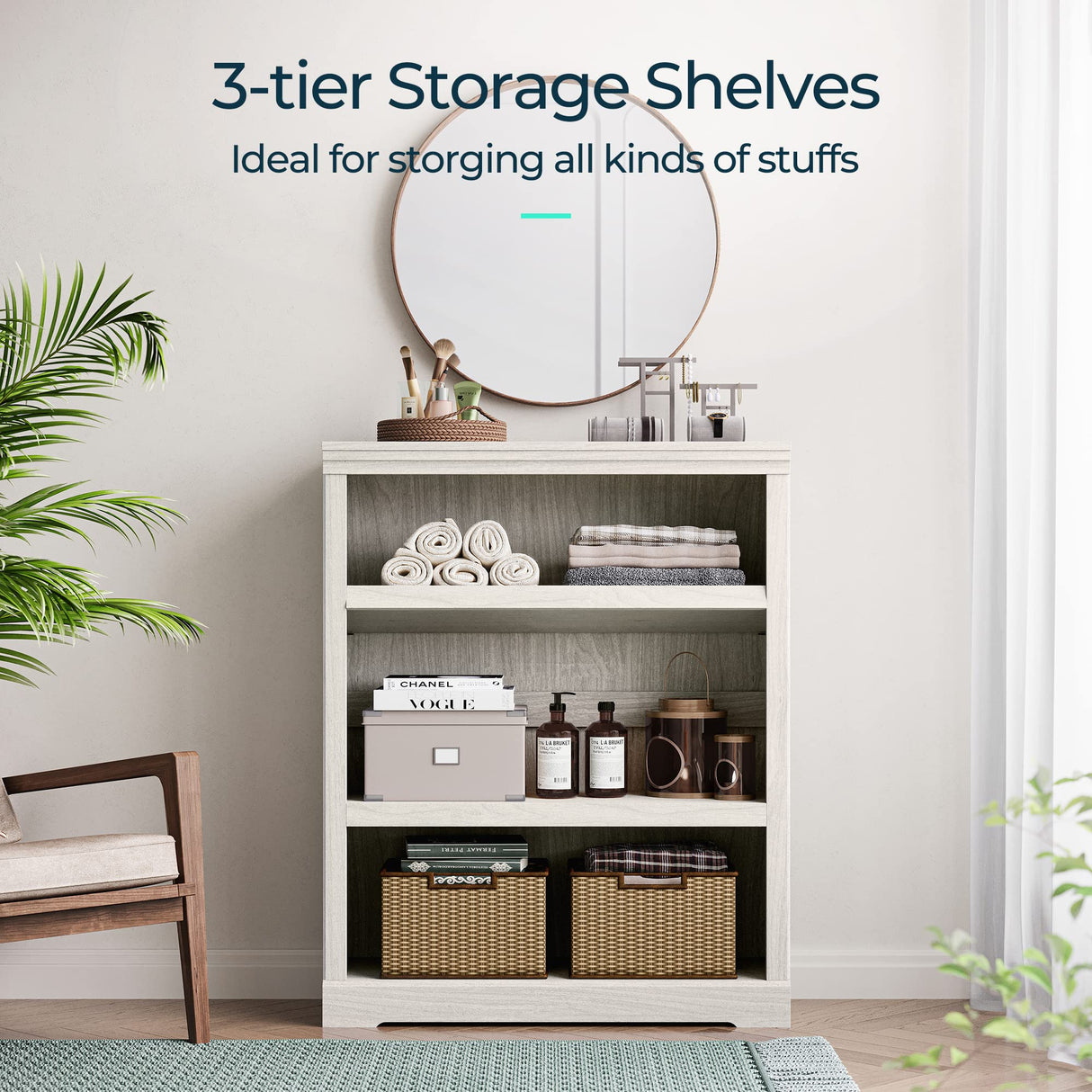 LINSY HOME 3-Tier Bookcase and Bookshelf, Small Wood Display Storage Shelves Farmhouse Bookshelf for Home Office, Living Room, Bed Room - White Oak LINSY HOME