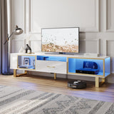 Bestier TV Stand with LED Light for TVs up to 80 inch, Modern Entertainment Center with Open Storage and Half-Glass Design Drawer, High Gloss Media Console Table for Living Room Bedrom, White and Gold Bestier