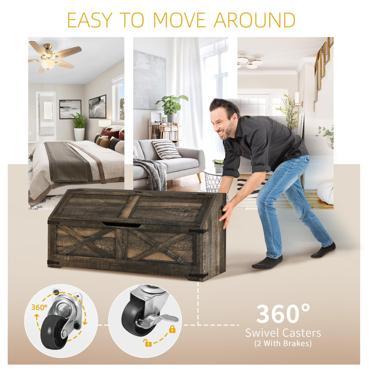 DWVO Storage Chest, Farmhouse Storage Bench with 4 Wheels, 39.4" Wood Storage Trunk with Safety Hinge, Sloped Design, Storage Organizer for Living Room, Bedroom, Entryway, Dark Rustic Oak DWVO