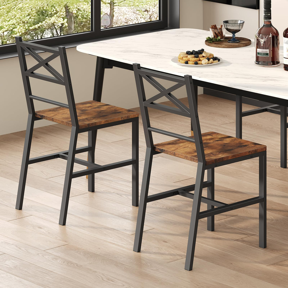 MAHANCRIS Dining Chair Set of 2, Rustic Wooden Kitchen Chairs with Backrest, Farmhouse Dining Chairs for Kitchen, Industrial Style Chair with Metal Frame, Easy Assembly, Rustic Brown TBHR1001 MAHANCRIS