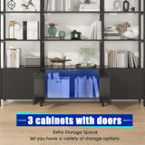 Nosepen Triple Wide 5 Tier Tall Arched Bookshelf and Bookcase with 3 Cabinets, Industrial Metal Etagere Open Bookshelf, Wood Standing Book Shelf with Black Metal Frame for Bedroom Living Room Nosepen