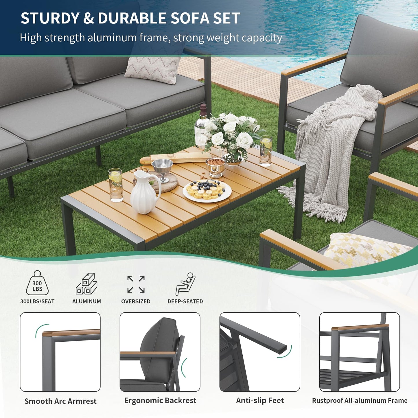 Amopatio Aluminum Patio Furniture Set, Modern Metal Outdoor Patio Furniture, 6 Pcs Patio Conversation Sets with Wood Top Armrest & Table for Poolside, Deck, Dark Grey (Included Waterproof Covers)