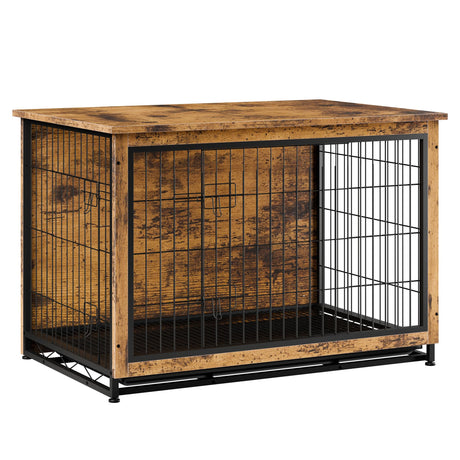 Vongrasig Dog Crate Furniture, Side End Table, Modern Wooden Kennel for Dogs Indoor, Heavy-Duty Dog Cage with Multi-Purpose Removable Tray, Double-Door Dog House, Rustic Brown Vongrasig