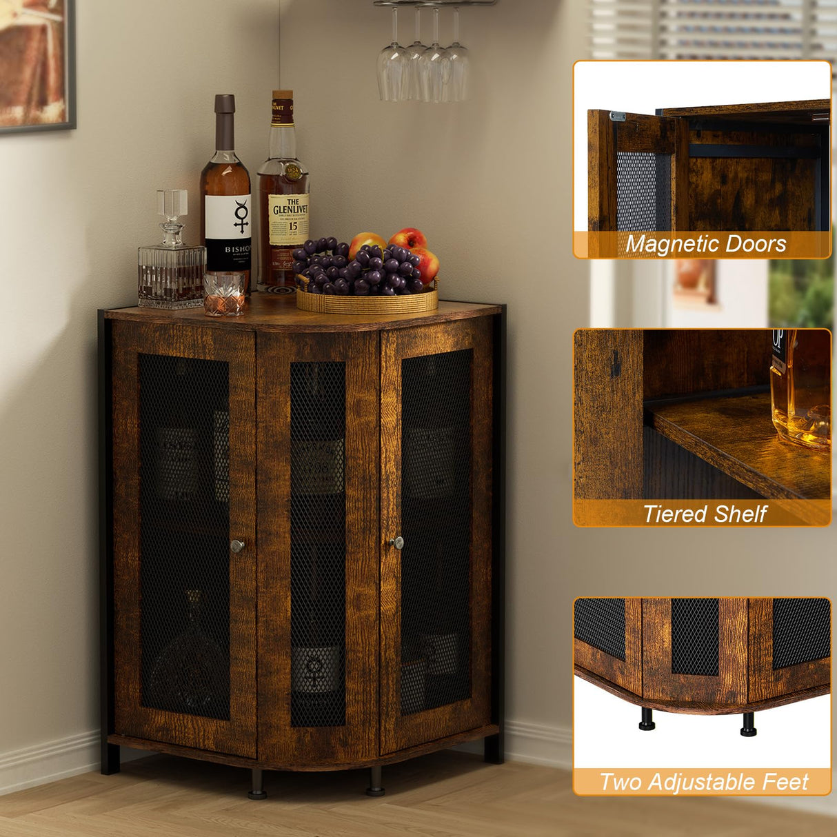 JKsmart Corner Storage Cabinet with Open Shelf, 3-Tier Industrial Wine Bar Cabinet with Door, Industrial Corner Cabinet for Kitchen, Living Room, Dining Room, Rustic Brown JKsmart