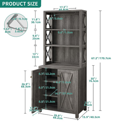 YITAHOME Kitchen Pantry Cabinet Storage Hutch with Microwave Stand Wine Rack, Freestanding Pantry Cabinet with Adjustable Shelves and Cupboard for Home, Dark Grey