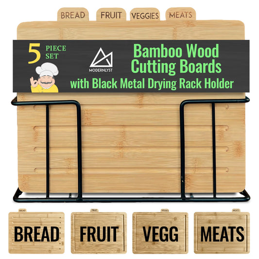 Modernlyst Bamboo Cutting Boards for Kitchen with Holder 13" x 11" x 2.5" | Labeled Wood Cutting Board Sets | Large Wooden Cutting Board Set of 4 with Black Organized Stand | Non Toxic Chopping Board