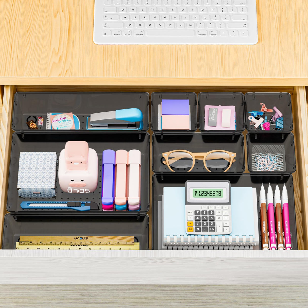 SpaceHacks 25 PCS Plastic Drawer Organizer Set, 4-Size Versatile Organizer Trays & storage Bins for Makeup, Jewelry, and Gadgets in Bathroom, Bedroom and Office,Clear Black SpaceHacks