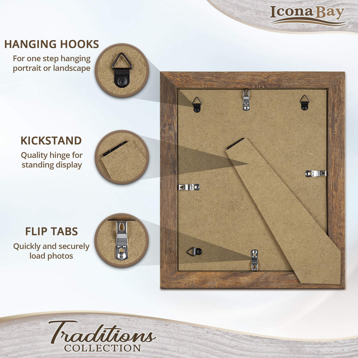 Icona Bay 8x10 Chestnut Brown Picture Frame, Rustic Wood Pattern, Lightly Distressed Frame for Table Top Display or Wall Mount, Traditions Collection Icona Bay