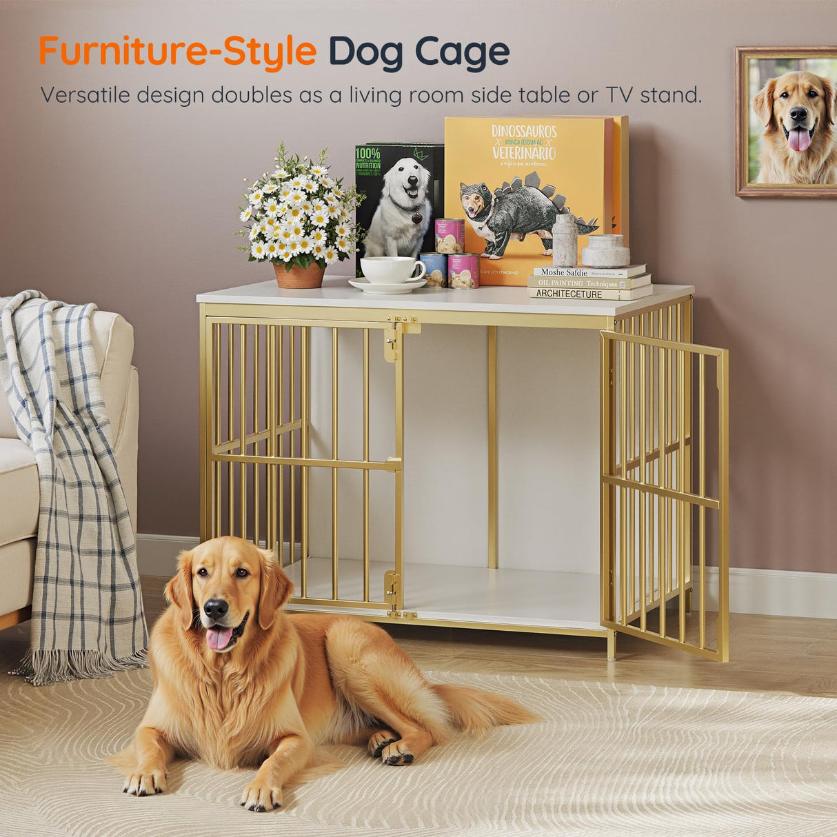 HOOBRO 38.6" Dog Crate Furniture, Wooden Indoor Dog Kennel, Decorative Dog Crate End Table, Chew-Resistant Heavy Duty Dog Crate for Small/Medium Dog, White and Gold DW100GW03 HOOBRO