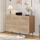 Trironsun Rattan Dresser for Bedroom 7 Drawer Wide Dresser Natural Boho Chest of Drawers Modern Wood Storage Dressers with Golden Handles for Living Room Closet Hallway Trironsun
