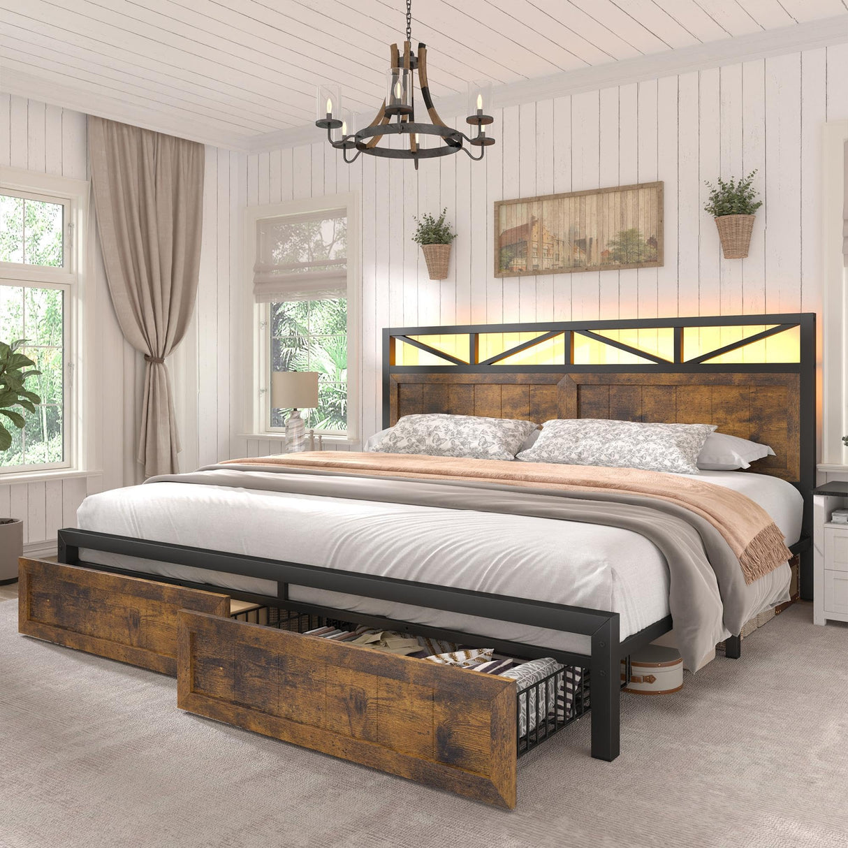 EnHomee Farmhouse King Size Bed Frame with 2 Storage Drawers & LED, Metal King Bed Frame Built in Charging Station,NO Noise,No Box Spring Needed,Brown EnHomee