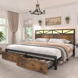EnHomee Farmhouse King Size Bed Frame with 2 Storage Drawers & LED, Metal King Bed Frame Built in Charging Station,NO Noise,No Box Spring Needed,Brown EnHomee