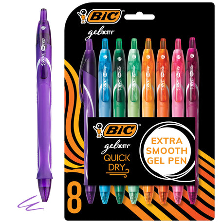 BIC Gelocity Quick Dry Assorted Colors Gel Pens, Medium Point (0.7mm), 8-Count Pack, Retractable Gel Pens With Comfortable Full Grip BIC