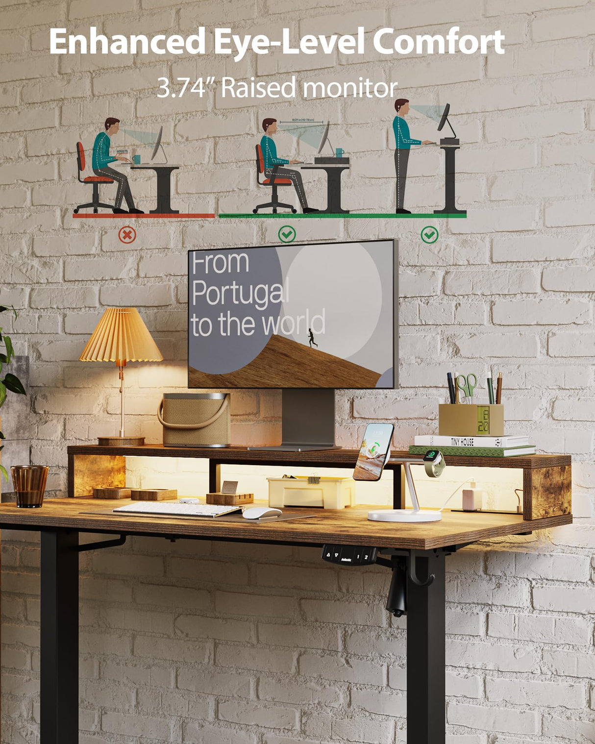 Electric Height Adjustable Standing Desk with Power Outlet and LED Light Strip, Sit to Stand, Ergonomic 48x24" Rising Desk with Memory Presets, Home Office Workstation, Computer Gaming Table, Brown Agilestic