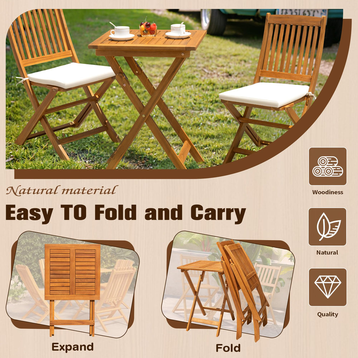 JUMMICO 3 Piece Folding Patio Chairs Outdoor Acacia Wood Bistro Set with Cushion Square Table and Chairs Porch Furniture for Balcony, Lawn, Deck JUMMICO