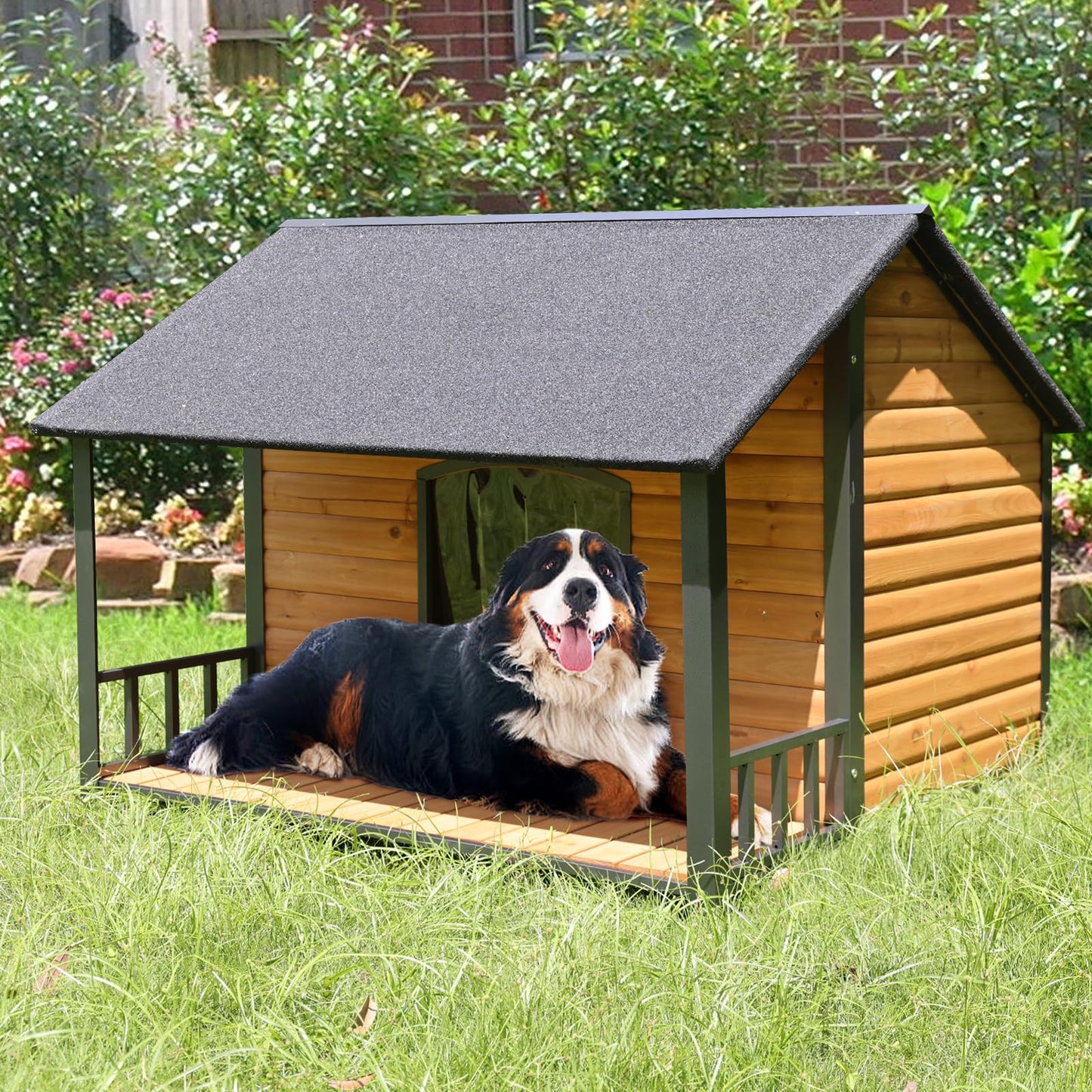 MEDEHOO Outdoor Weatherproof Dog House - Easy to Assemble Puppy Shelter with All-Around Iron Frame & Fir Wood - Ideal for Large Dog Breed - WoodArtSupply