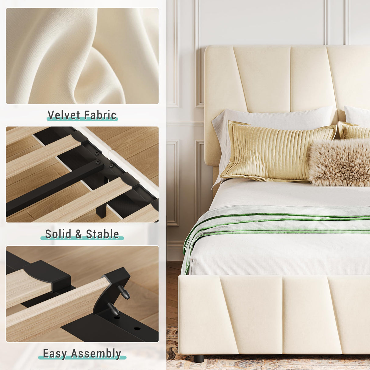 GarveeHome Twin Size Bed Frame with Adjustable Headboard and 2 Storage Drawers, Velvet Upholstered Tufted Twin Platform Bed Frames with Wooden Slats Support, Bedframe No Box Spring Needed, Beige/Cream GarveeHome