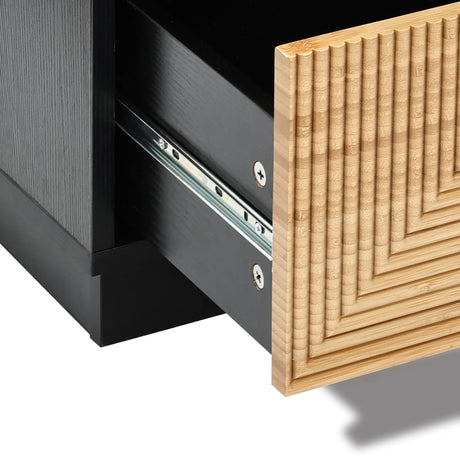 LuxenHome Night Stand, Mid Century Modern Nightstand with 2 Drawers, Boho Bedside Table with Bamboo Strips Pattern, Small End Tables Living Room or Bedroom, Small Side Table with Storage, Black/Brown LuxenHöme