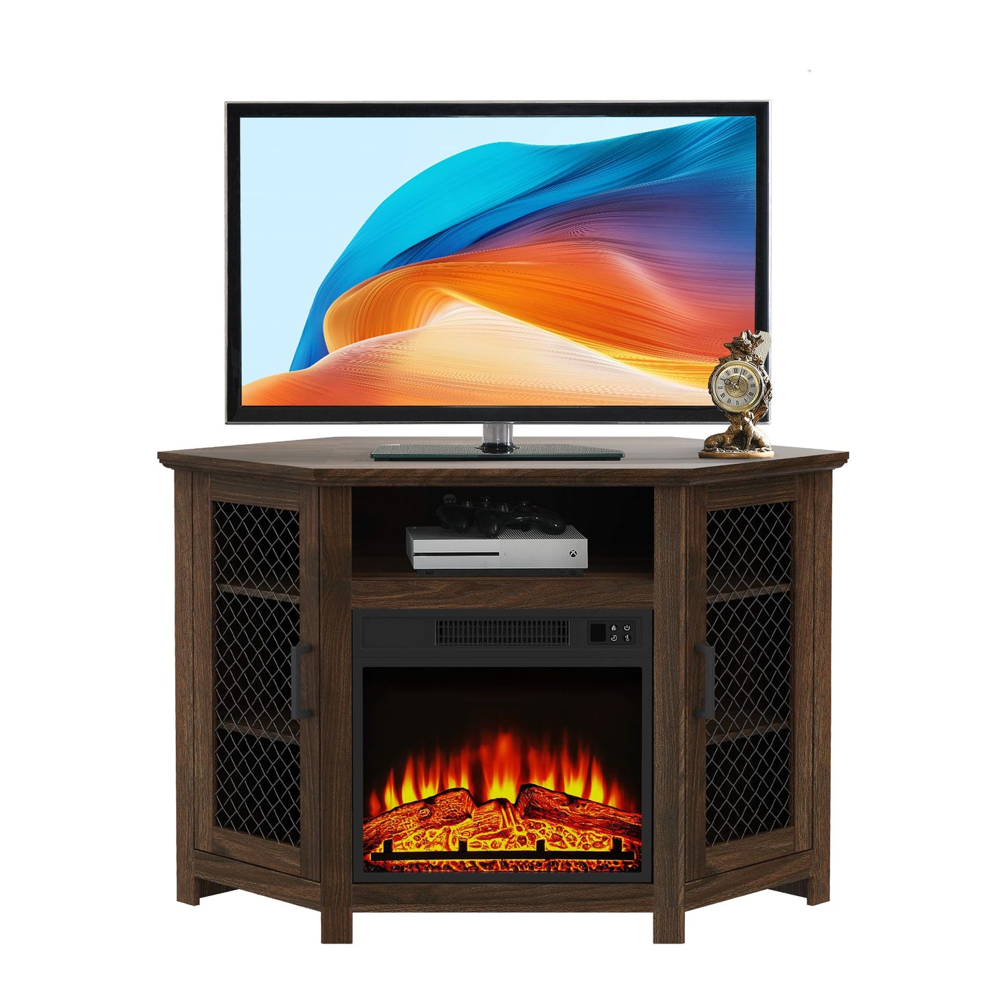 COMEFFIE 45" Corner TV Stand with 18" Fireplace Insert, Electric Fireplace Entertainment Center with Adjustable Shelves, Modern TV Stand Fit TVs up to 55 Inches for Living Room, Bedroom (Brown)