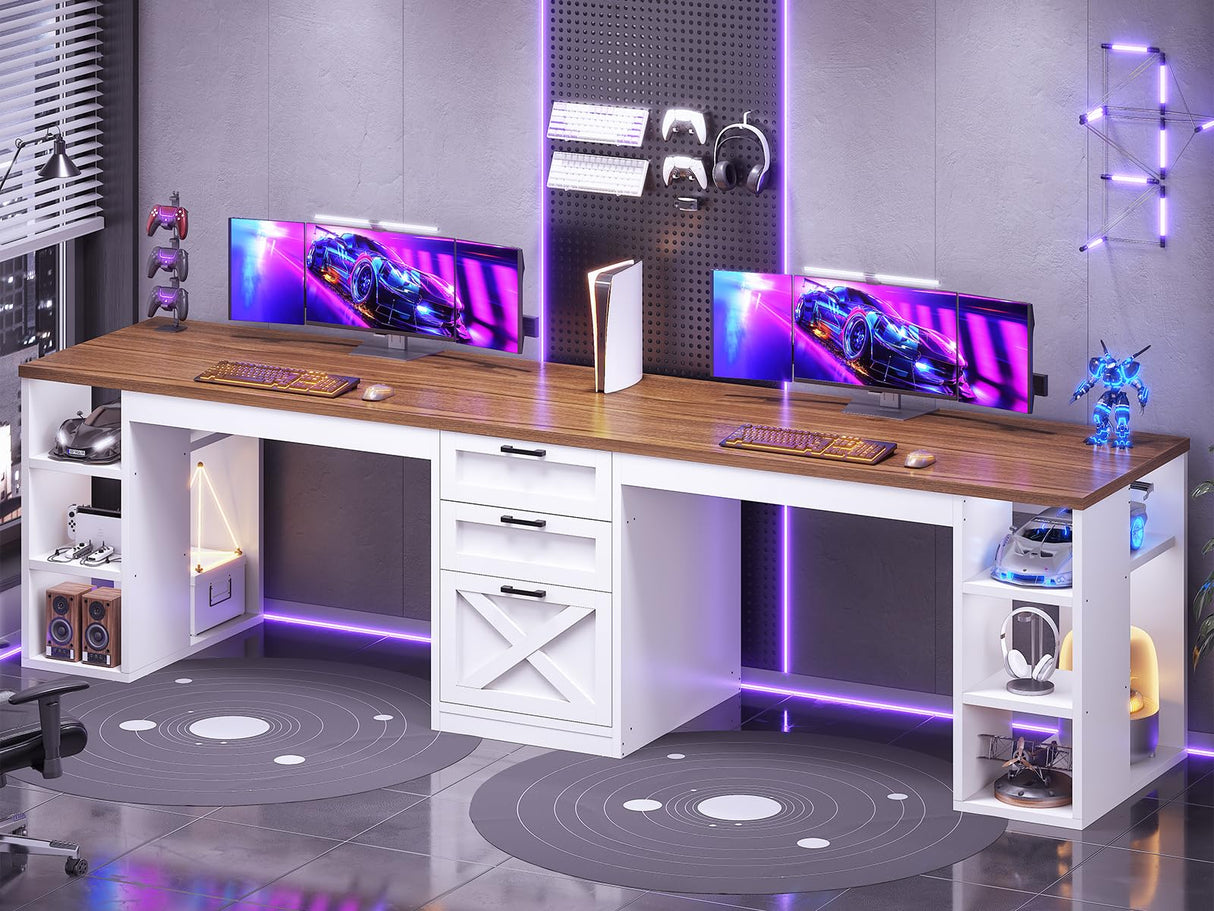 SEDETA Farmhouse 96.5" Computer Desk with Drawers, 2 Person Home Office Desk, Gaming Double Desk with Storage Shelves, Long Two Person Writing Desk (White and Brown) SEDETA