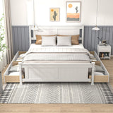 VINGLI Queen White Wood Bed Frame with Storage Drawers and Headboard VINGLI