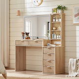 LEYAOYAO Vanity Desk with Mirror and Lights, 43.5'' Fluted Makeup Vanity with 6 Drawers and Adjustable Shelves, Natural Wood Make Up Vanity Dressing Table with Glass Top and Power Outlet for Bedroom LEYAOYAO