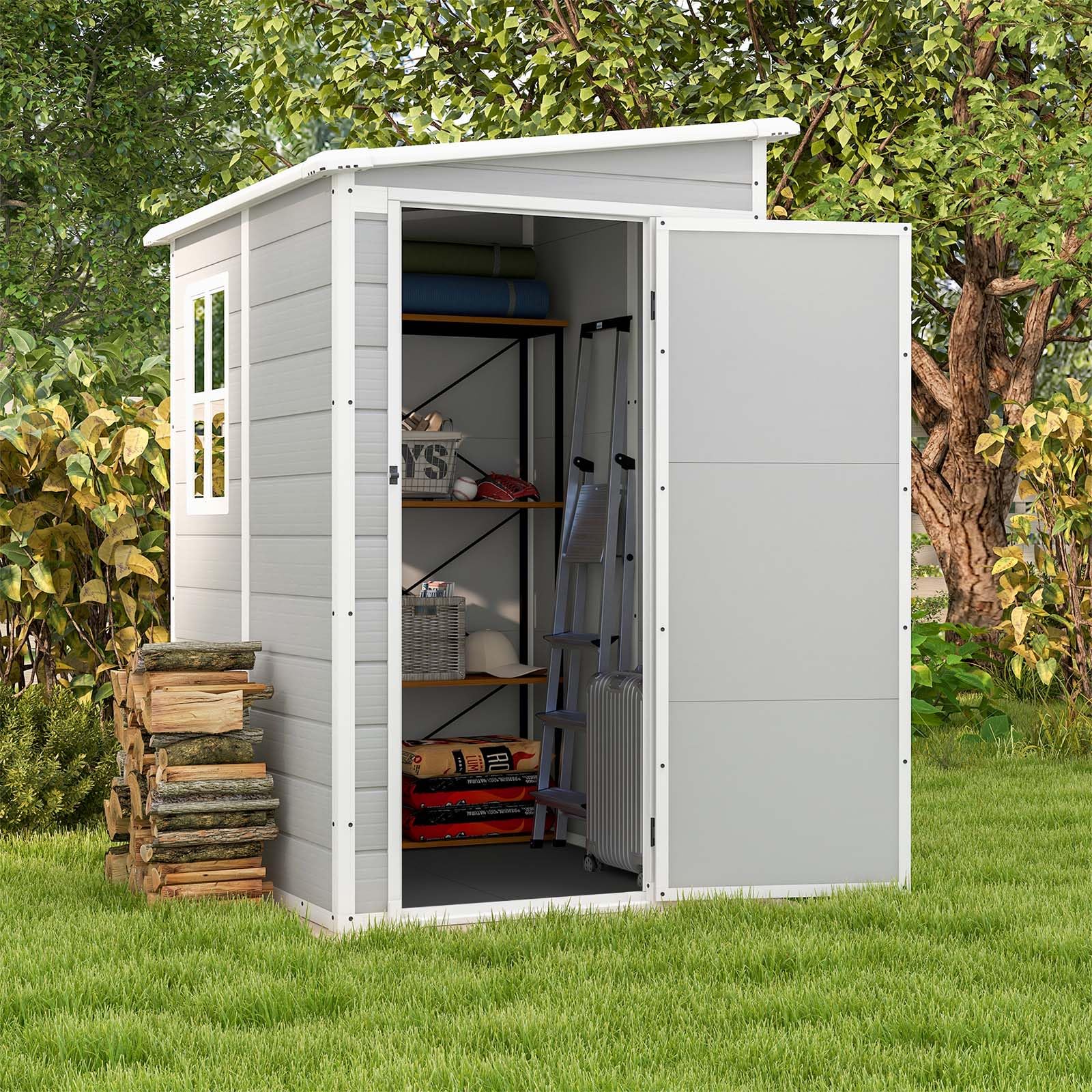 Patiowell 5x4 FT Outdoor Storage Shed, Resin Storage Shed with Floor & Lockable & Window Door for Patio Furniture, Garden Tools and Bicycle, White & Grey - WoodArtSupply