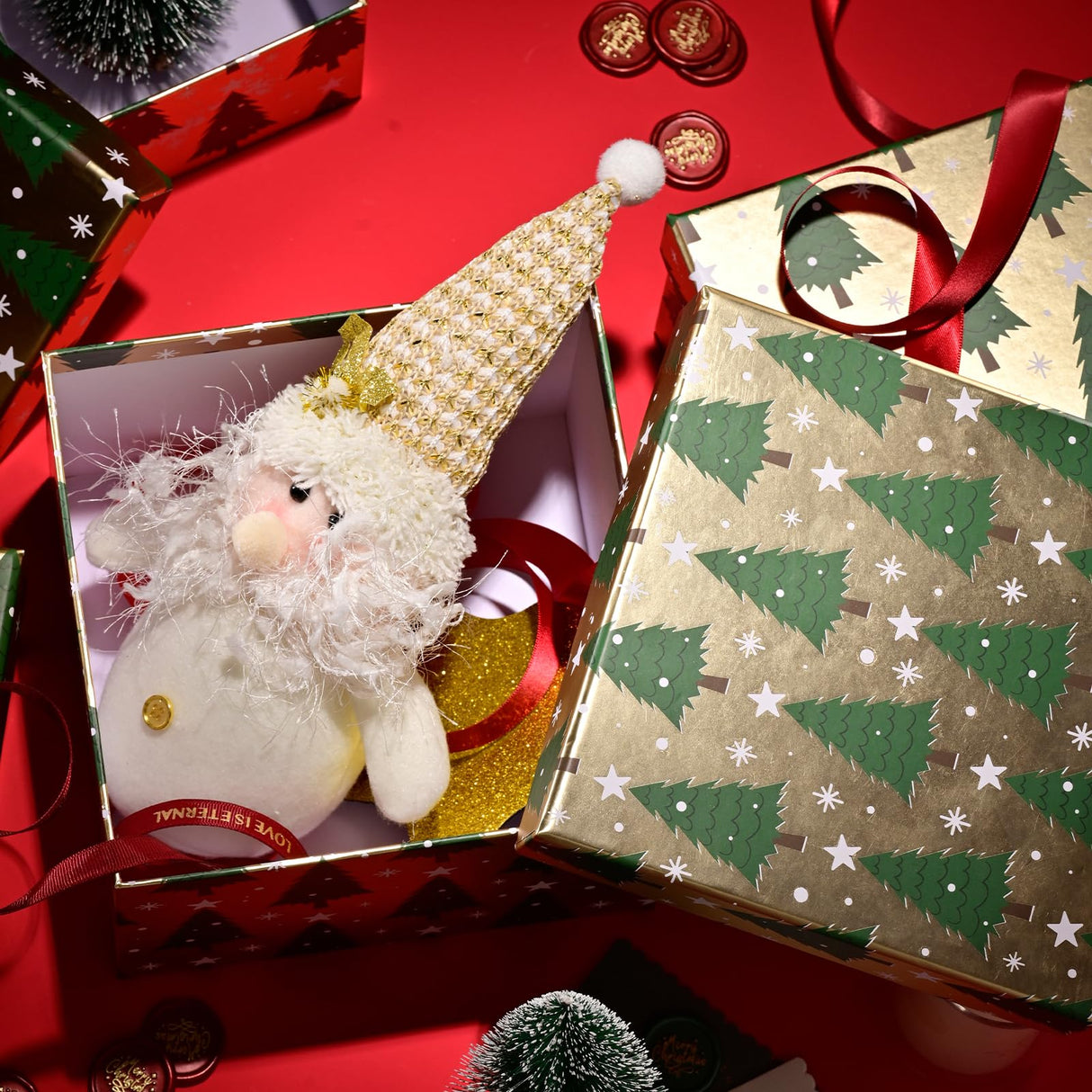 PAPER FAIR 5PCS Christmas Nesting Gift Boxes Set, Gold Foil Green Xmas Tree Flat Square Cardboard Nested Box with Lid, for Gift Wrapping Holiday Present Birthday, Assorted Size PAPER FAIR