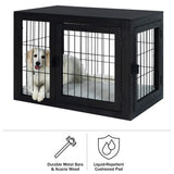 Furniture-Style Dog Crate - Acacia Wood Kennel for Medium Dogs with Double Doors and Cushion - Dog Cage Furniture by PETMAKER (Black) PETMAKER