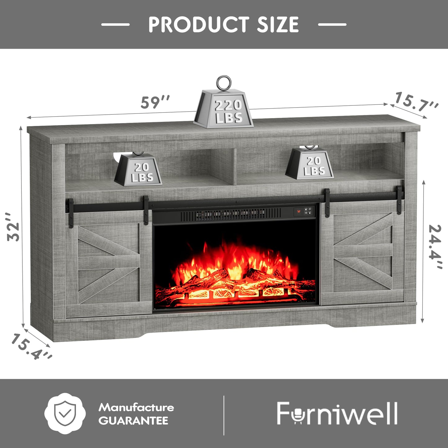 Furniwell Electric Fireplace TV Stand for TVs up to 65", Media Entertainment Center with 26” Fireplace, Farmhouse Console with Sliding Barn Door and Adjustable Storage Shelves for Living Room (Gray)