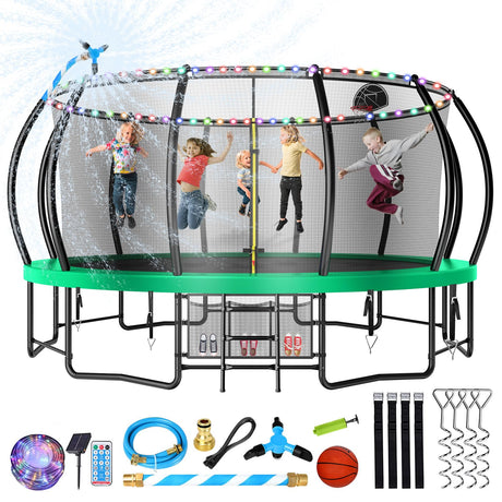Lyromix 16FT Upgrade Outdoor Trampoline for Kids and Adults, Heavy Duty Trampolines with Lights, Recreational Trampolin with Net and Basketball Hoop, Sprinkler & Stakes Lyromix