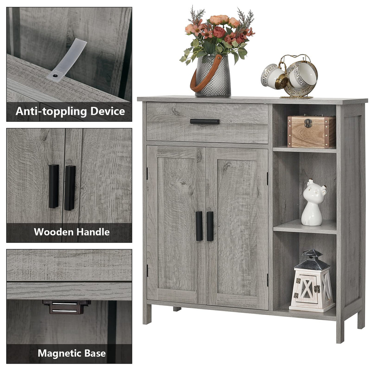 WEENFON Storage Cabinet, Bathroom Cabinet with Drawer, Coffee Bar Cabinets with Doors and Shelves, Freestanding Cupboard for Living Room, Grey UNSNG086CV1 WEENFON