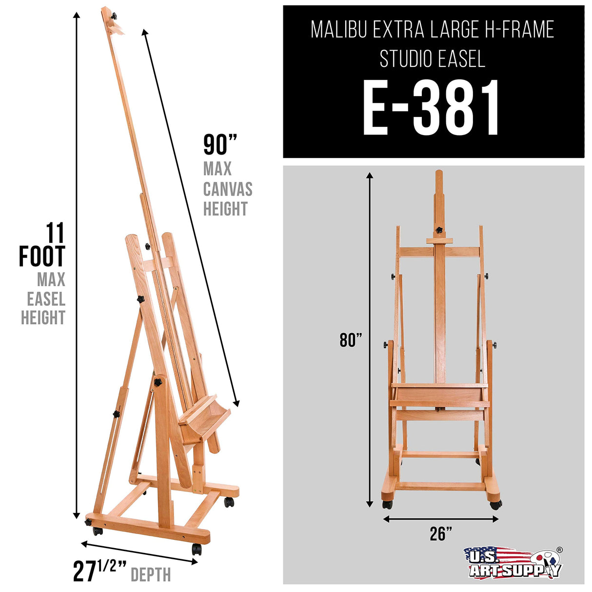 U.S. Art Supply Malibu Heavy Duty Extra Large Adjustable H-Frame Studio Easel with Artist Storage Tray - Tilts Flat, Sturdy Wooden Beech Wood Painting Canvas Holder Stand - Locking Caster Wheels U.S. Art Supply