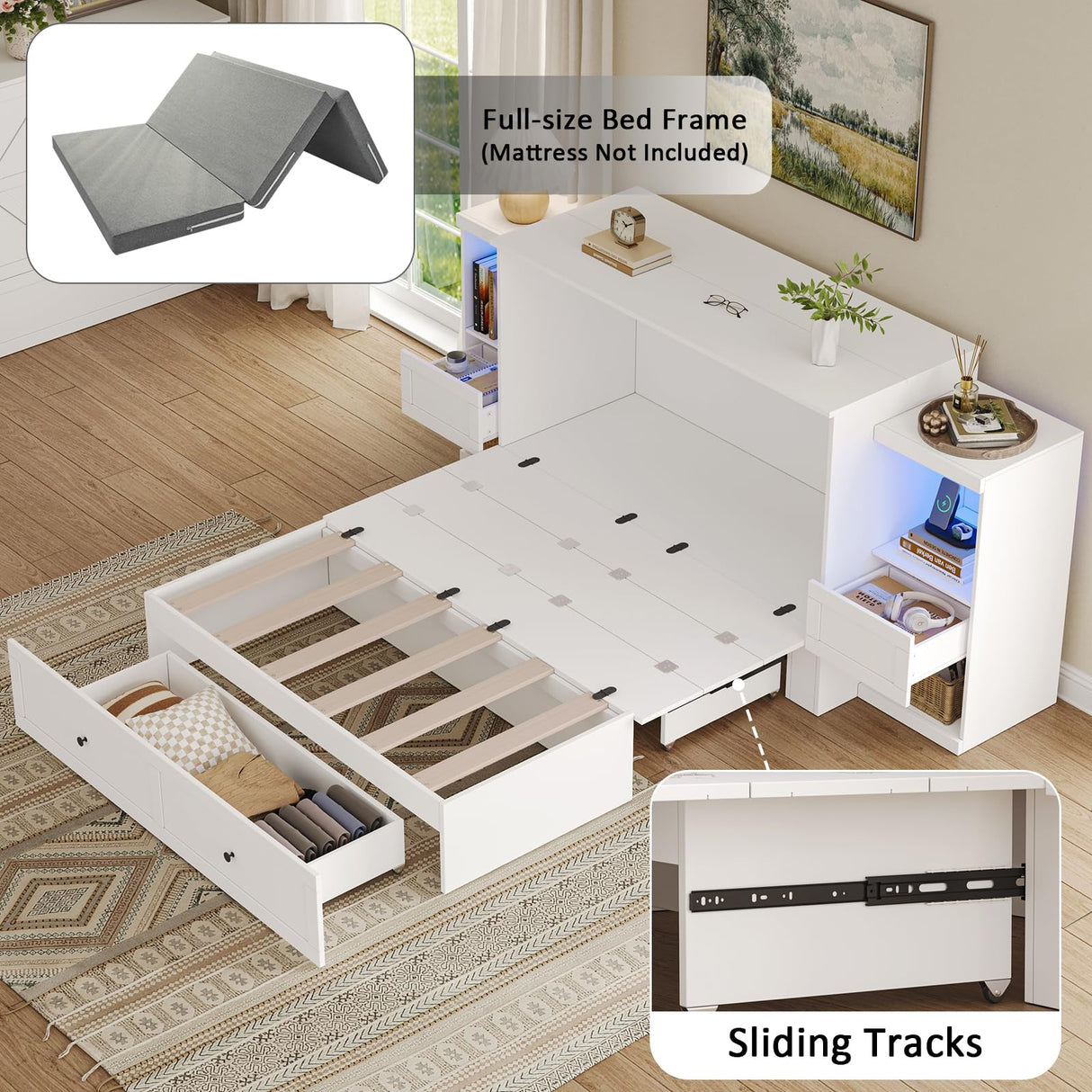 LIVAUVEAD Full Size Murphy Bed with Bedside Tables,Full Size Foldable Cabinet Bed Frame with Charging Station & Drawer,Murphy Bed Chest with Adjustable LED Light for Bedroom,Guest Room,White LIVAUVEAD