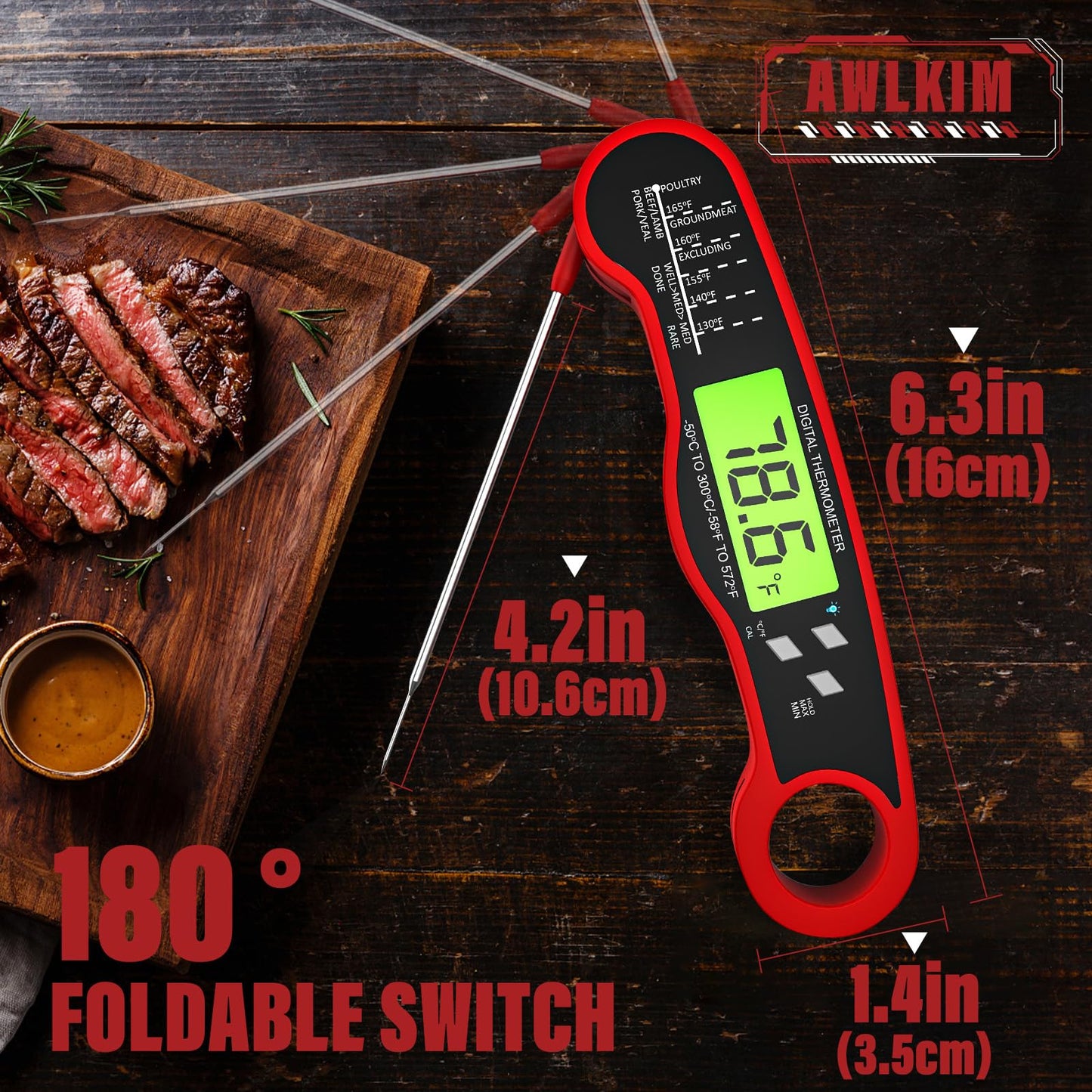 AWLKIM Digital Meat Thermometer for Cooking - Waterproof Kitchen Thermometer with Backlight and Hold, Fast Instant Read Food Thermometer, Candy Making, Outside Grill, Stocking Stuffers for Adult Men