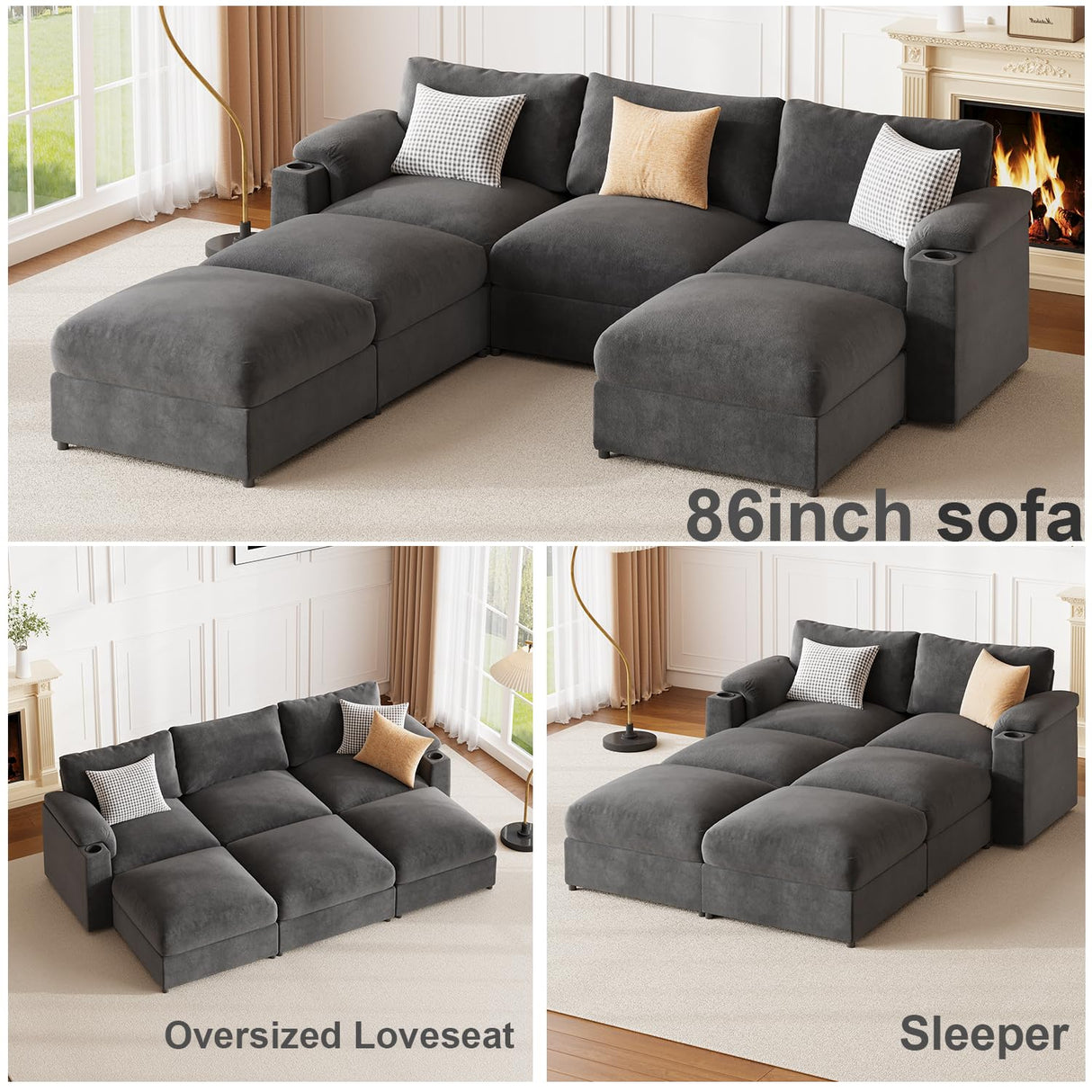 Sectional Couches for Living Room 116 Inch U Shaped Cloud Couch Modular Sofa Deep Seat 6-Seat Velvet Convertible Sleeper Sofa Chaise Padded Armrests Cup Holder (Grey, 110Inch-1) HOMYHOMEY