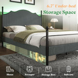 AMERLIFE Upholstered Full Size Bed Frame with 51.2" Tall Headboard, Metal Four Poster LED Beds for Bedroom, Easy Assembly, Wooden Slats, Dark Grey AMERLIFE