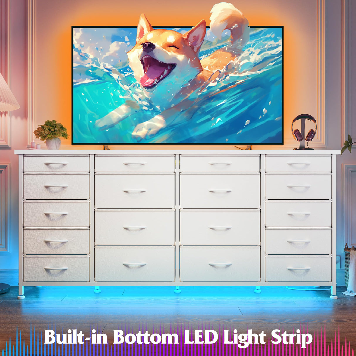 EnHomee 63" W 18 Drawers Dresser with LED Lights & Power Outlets Long Dresser for 65" TV Stand for Bedroom Large Fabric Dressers & Chests of Drawers for Bedroom, Sturdy Metal Frame (White) EnHomee