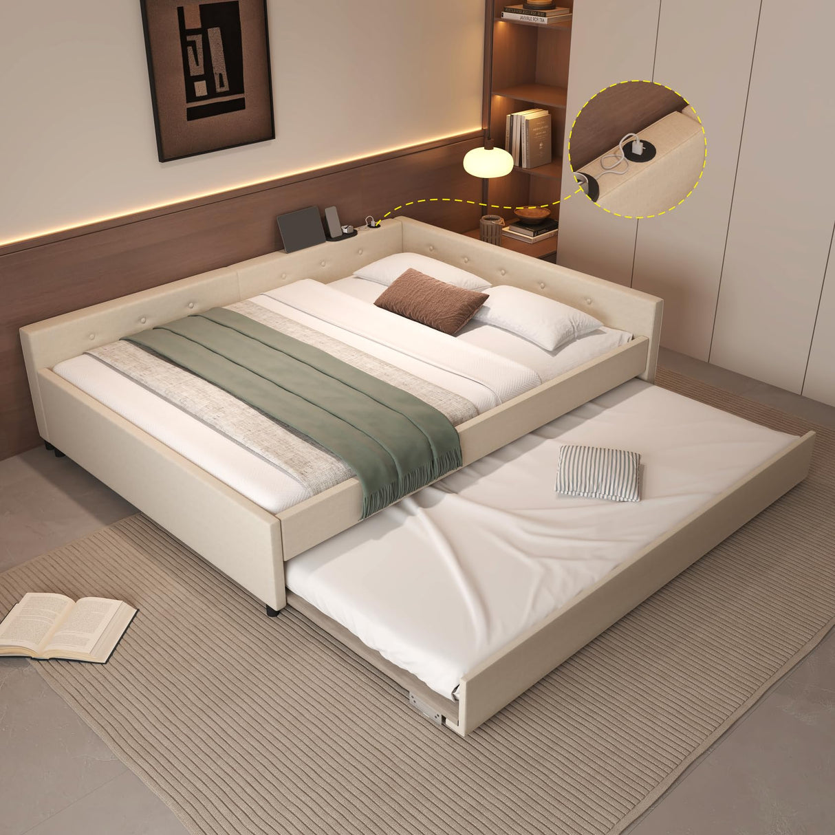 KALALLA Queen Size Daybed with Trundle and USB-Ports, Upholstered L-Shaped Day Bed Frame Space Saving for Living Room, No Box Spring Needed, Kids Girls Adults, Beige KALALLA