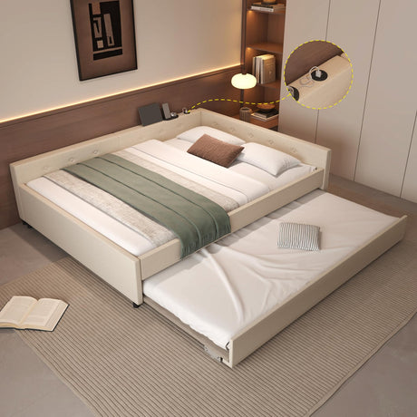 KALALLA Queen Size Daybed with Trundle and USB-Ports, Upholstered L-Shaped Day Bed Frame Space Saving for Living Room, No Box Spring Needed, Kids Girls Adults, Beige KALALLA