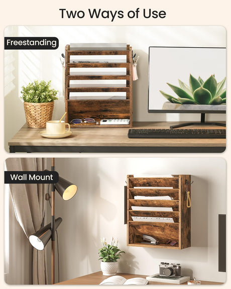 CHOEZON Wall File Organizer, 6-Tier Vertical Mount Hanging Holder with 2 Side Hooks, Vintage Wooden Magazine Storage Crate with Bottom Flat Tray, Desk Organizer, for Office, Home, Rustic Brown MWJ01FG CHOEZON