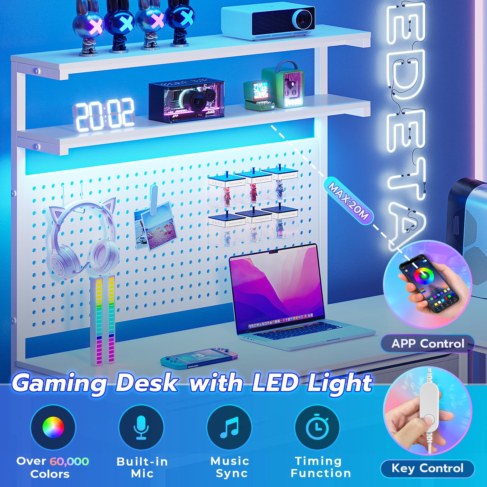 SEDETA White L Shaped Gaming Desk with LED Lights and Drawers, Gaming Desk with Hutch & Pegboard, Computer Desk with Monitor Stand, Storage Shelves, Home Office Desk Corner Desk, Gaming Table - WoodArtSupply