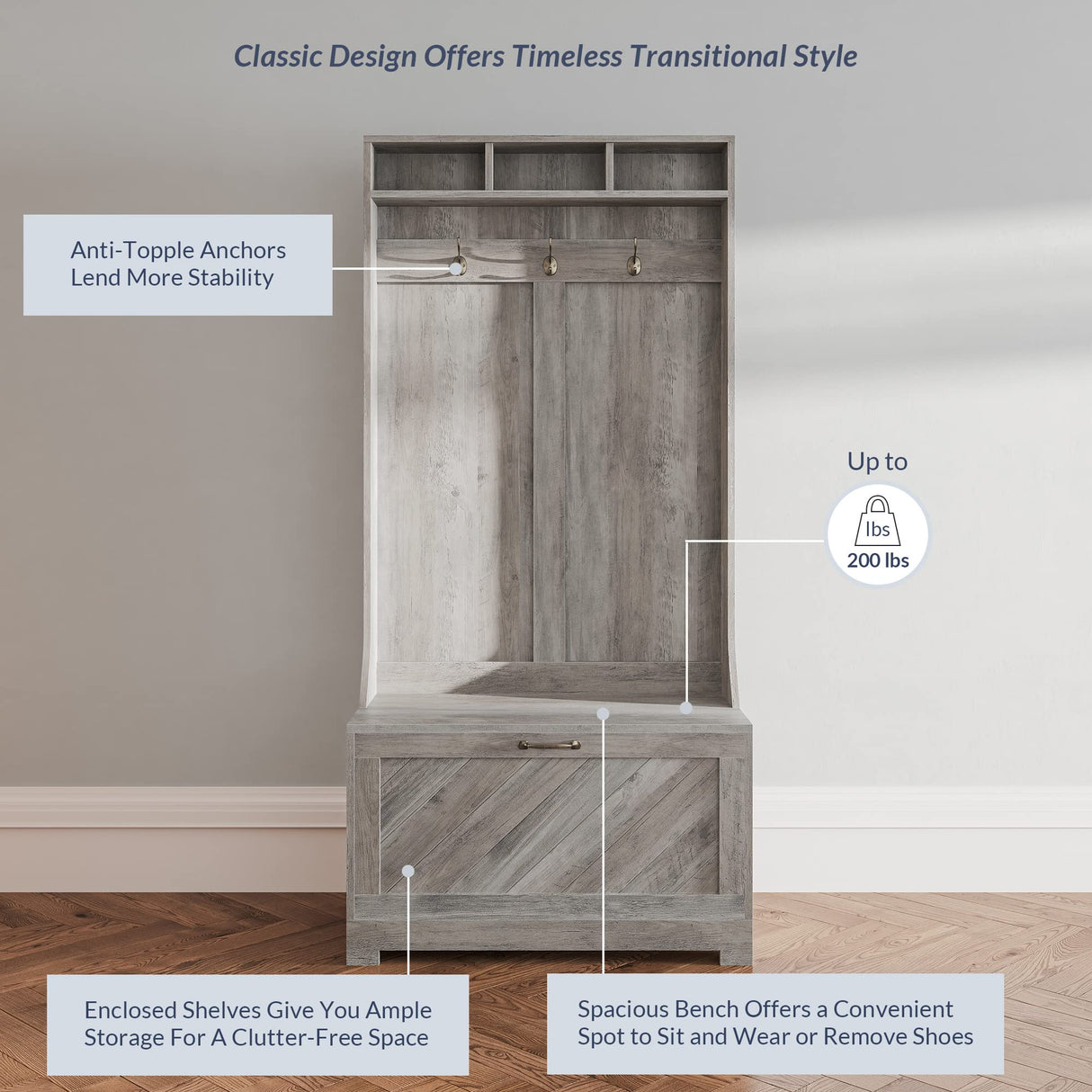 BELLEZE Entryway Hall Tree, Coat Rack, Storage Bench, 3-in-1 Design, Freestanding Shoe Rack - Hilo (Gray Wash) BELLEZE