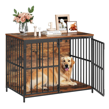 HOOBRO 38.6" Dog Crate Furniture, Wooden Indoor Dog Kennel, Decorative Dog Crate End Table, Chew-Resistant Heavy Duty Dog Crate for Small/Medium Dog, Rustic Brown and Black BF100GW03 HOOBRO