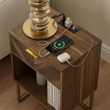 Masupu Nightstand with Charging Station,Modern Night Stand Boho Farmhouse Wood Bedside Table with Storage Drawer Side End Table for Bedroom,Living Room,Office,Walnut Brown with Outlet Masupu