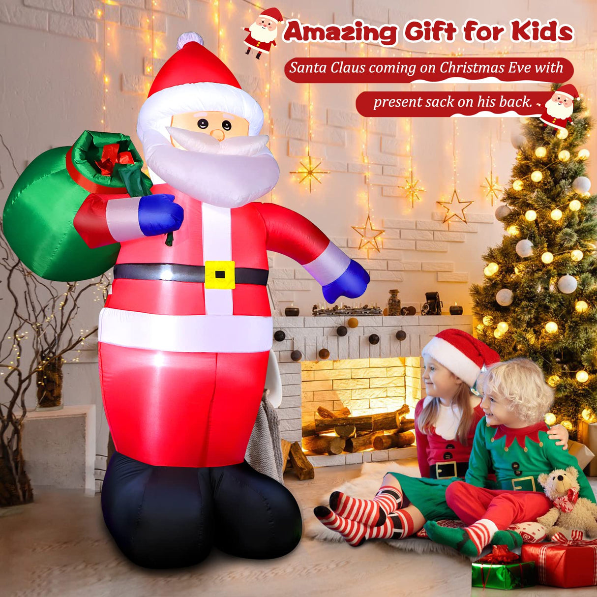 6 FT Christmas Inflatable Santa Claus Outdoor Decorations, Blow up Santa Claus with Gift Bag, Large Xmas Santa Carrying Present Sack, Outside Decor for Yard Garden Lawn Home Party, Built-in LED Lights FunFanso