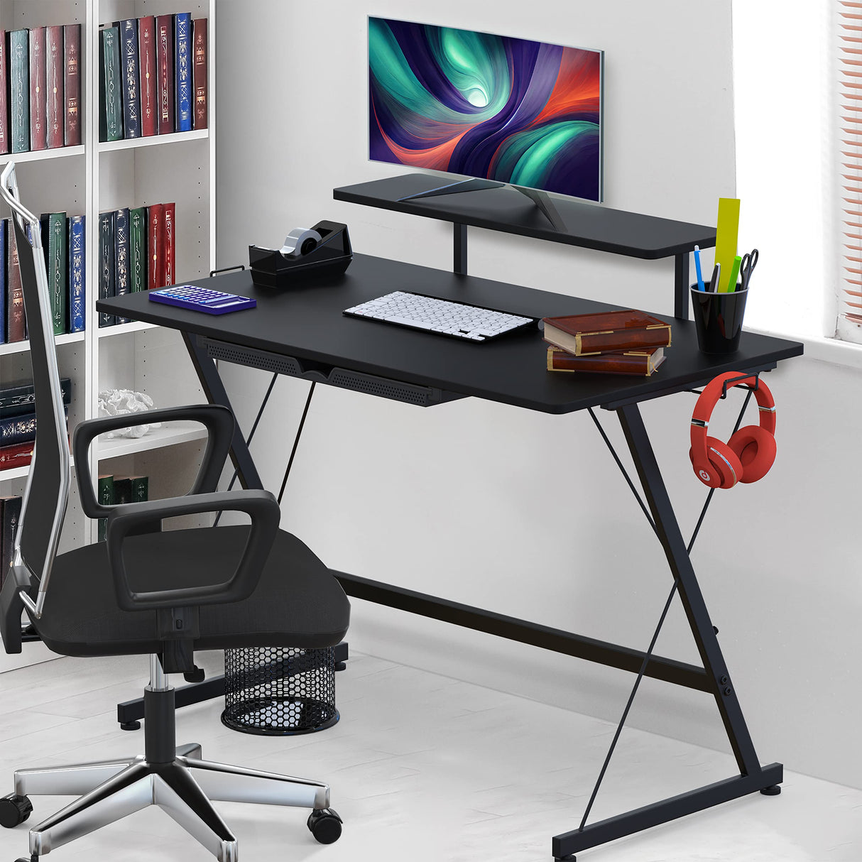 SHW 40 Inch Gaming Desk with Monitor Riser, Drawer and Hooks, Black SHW