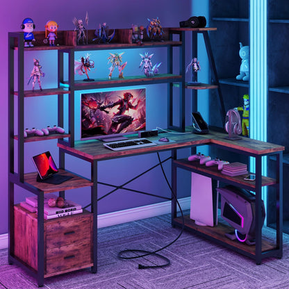 Vabches 64" L Shaped Computer Desk with LED Lights and Power Outlets, L Shaped Gaming Desk with 2 Drawers Hutch Monitor Stand, Home Office Desk with USB Port