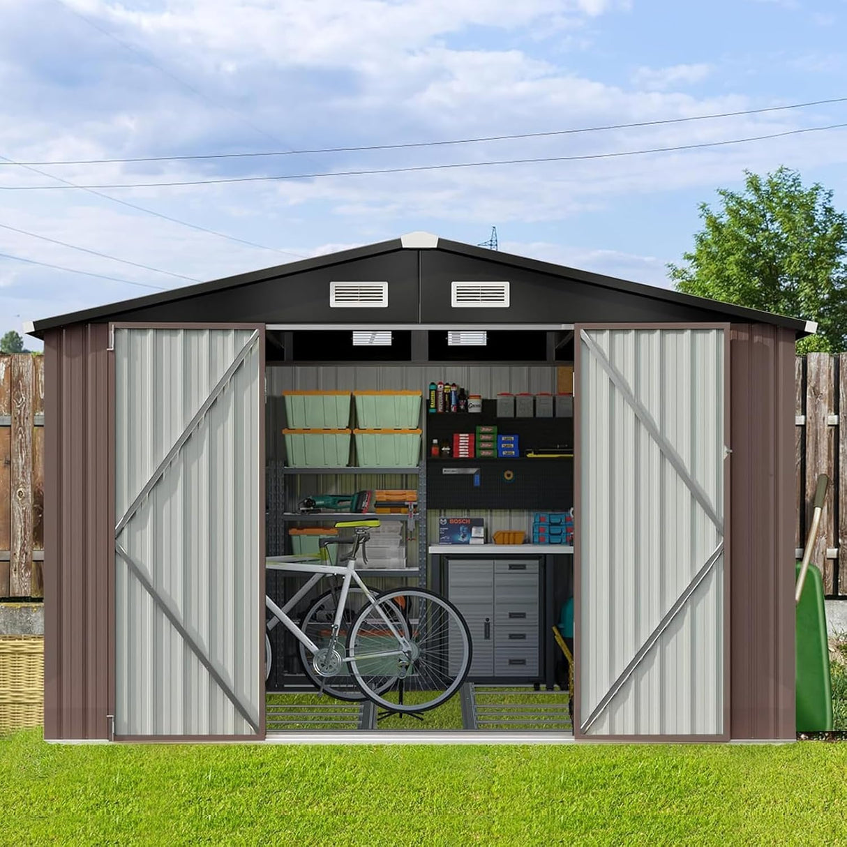 Aoxun Outdoor Storage Shed, 7.6 x 9.7 FT, Garbage Can, Outdoor Metal Shed for Tool, Garden, Bike, Placed in Patio, Garden Brown Base Included Aoxun