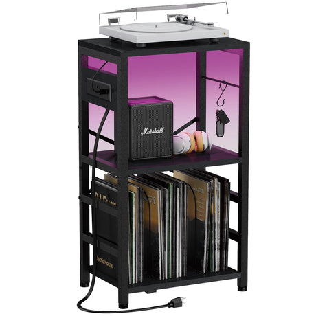 YAKANJ End Table with LED Light,Record Player Stand with Charging Station,Vinyl Records Storage,Turntable Stand Albums Storage for Music Room Studio-Industry Black YAKANJ